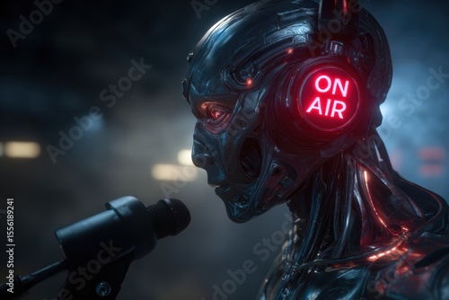 Cybernetic Radio Host: A futuristic metallic robot with glowing red "ON AIR" headphones speaks into a microphone, broadcasting in a dimly lit studio.