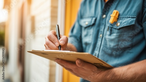 Man in blue shirt writing on clipboard outdoors