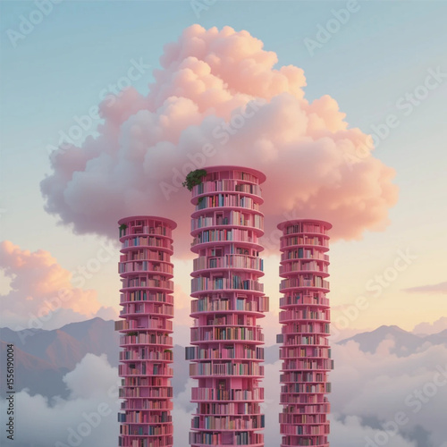 Pink Bookshelves Forming Spiral Towers in Pastel Sunset Cloud