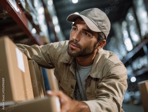 Warehouse Worker: A dedicated warehouse worker in cap carefully inspects boxes on shelves, ensuring accuracy and quality control in a bustling distribution center.