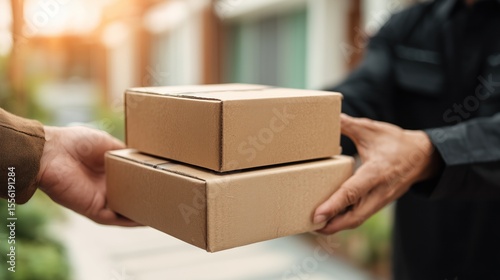 Handover of Cardboard Packages in Residential Neighborhood