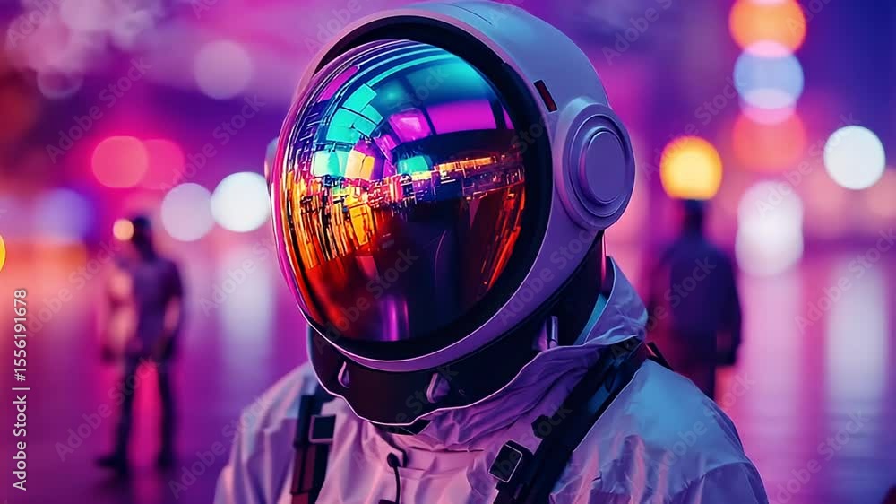 Astronaut Portrait with Reflective Helmet in Urban Night Scene Illuminated by Colorful Neon Lights Astronaut Portrait with Reflective Helmet in Urban Night Scene Illuminated by Colorful Neon Lights