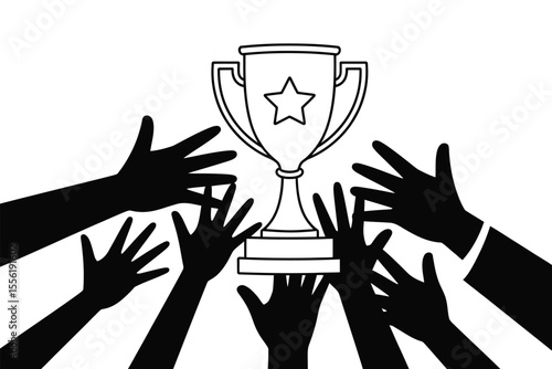 Many hands reaching up towards a trophy symbolizing competition and achievement