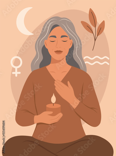 Vector illustration of an elderly woman with gray hair sitting in a pose of calm with a lit candle. Symbol of menopause, harmony, awareness, mature femininity. For women's health projects