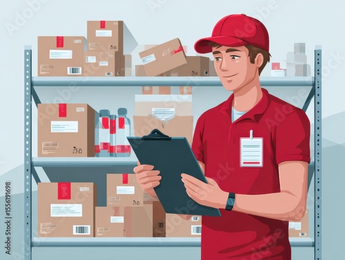 Warehouse Worker Overseeing Packages: A dedicated warehouse worker, dressed in a red uniform, meticulously oversees and manages an assortment of packages and boxes on storage shelves.