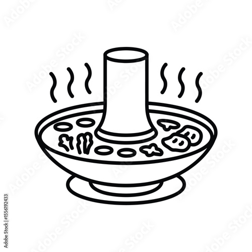 Simple line art illustration of a steaming hot pot with ingredients