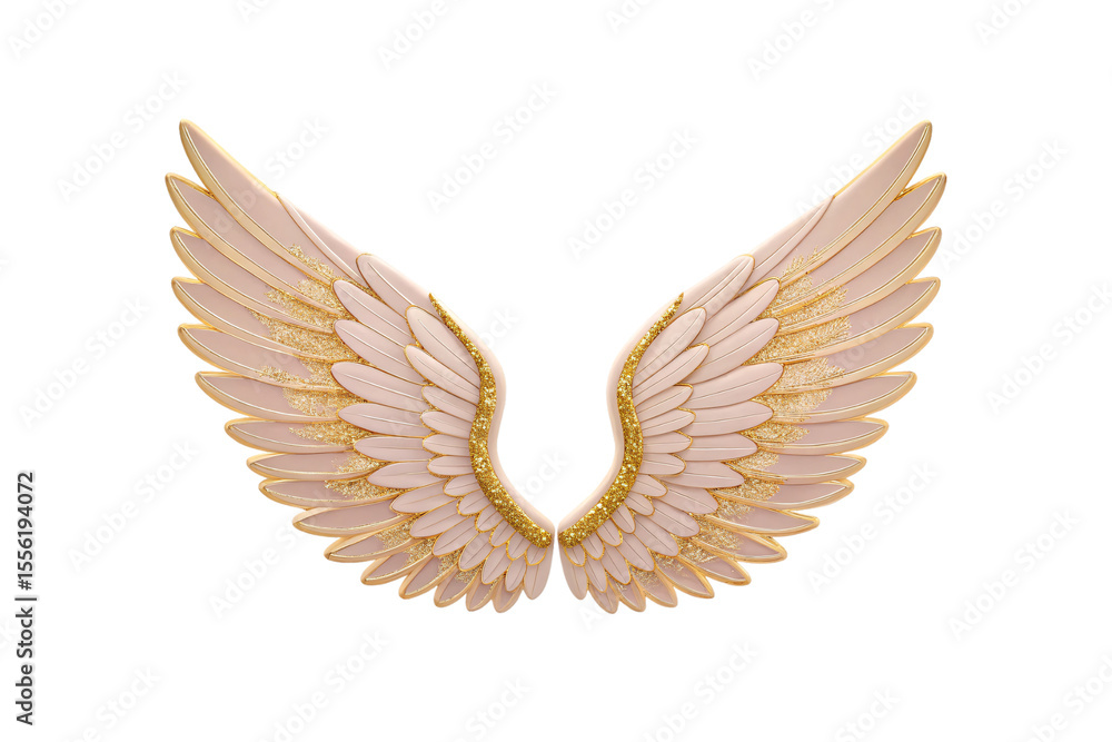 Fototapeta premium Elegant pink angel wings with golden trim and sparkles, isolated on a transparent background