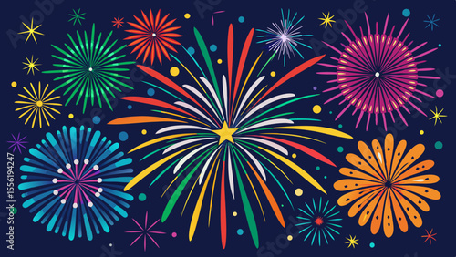 Vector art of a dazzling display of colorful fireworks bursts across a dark night sky