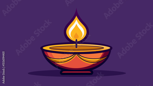 Vector art of a traditional diya oil lamp shines brightly against a deep purple background, perfect for diwali celebrations