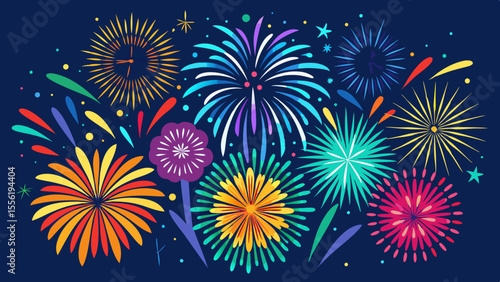 Vector art of a collection of fireworks in various shapes and colors light up the night sky in a vibrant display