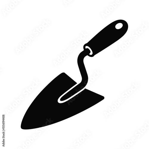 Black silhouette of a garden trowel with a curved handle and pointed blade