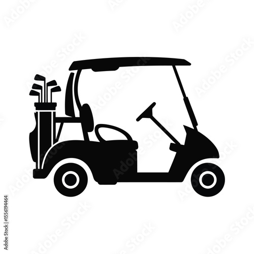 Black silhouette of a golf cart with a golf bag and clubs on a white background