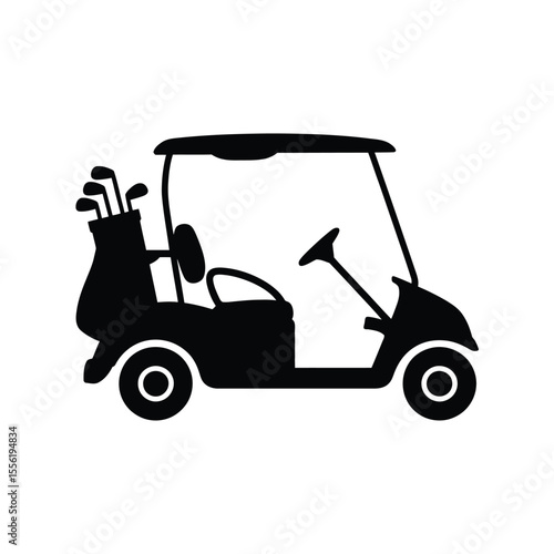 Black silhouette of a golf cart with a golf bag and clubs on a white background