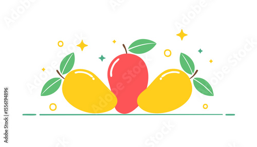 Trendy cartoon mango arrangement red center fruit glowing stars sparkling accents clean lines airy layout perfect for creative copy placement