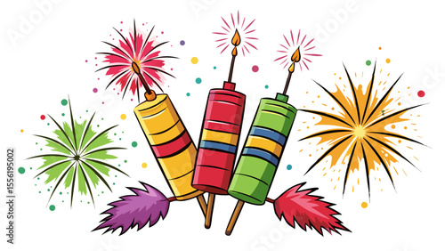 Vector art of three colorful firecrackers with vibrant fireworks isolated on white background, a festive vector illustration