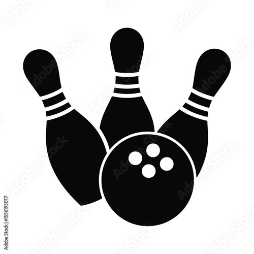 Black and white graphic illustration of a bowling ball and three pins