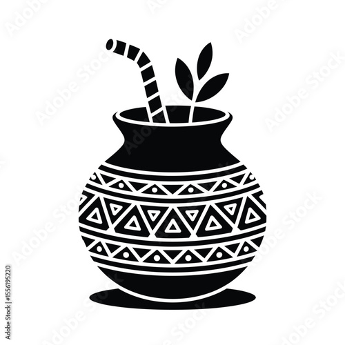 Traditional south american gourd with straw and leaves isolated on white background