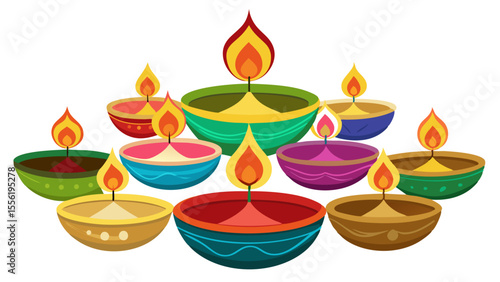 Vector art of a group of colorful diya lamps arranged together, isolated on white background