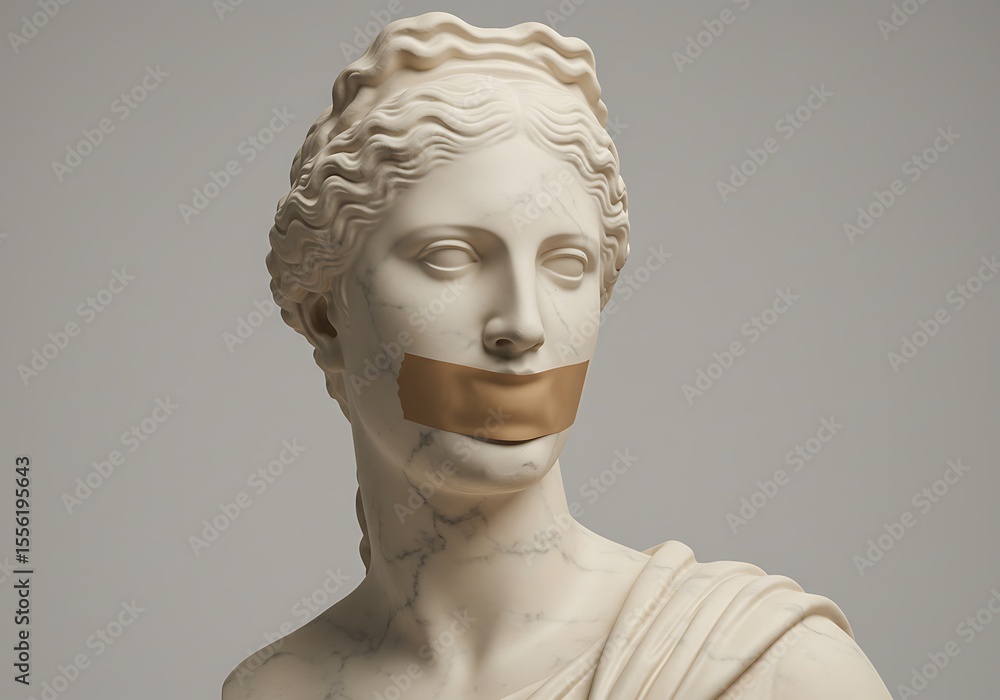 A classical bust of a woman with her mouth covered in gold tape A classical bust of a woman with her mouth covered in gold tape