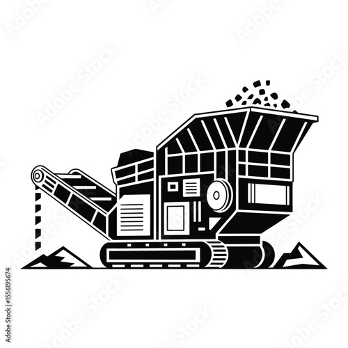 Industrial rock crusher machine with conveyor belt and pile of stones