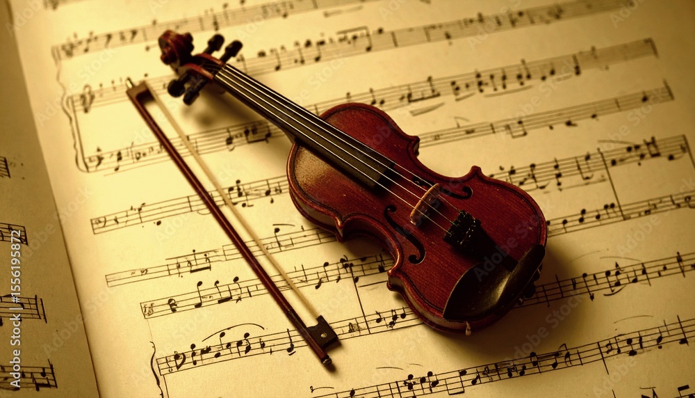 Naklejka premium Small vintage violin with its small bow