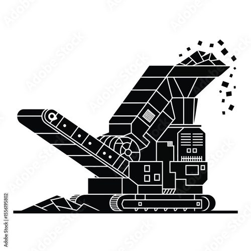 Stylized black and white illustration of a mobile crushing machine processing materials
