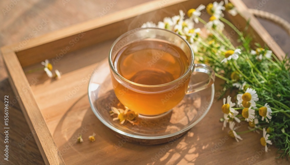 Cup of herbal tea with visible gentle steam, placed on a wooden tray with chamomile Cup of herbal tea with visible gentle steam, placed on a wooden tray with chamomile