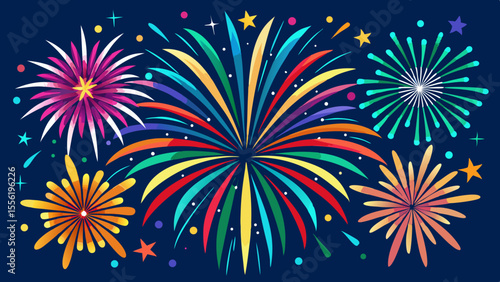 Vector art of vibrant fireworks bursts light up the night sky in a dazzling display of color and light