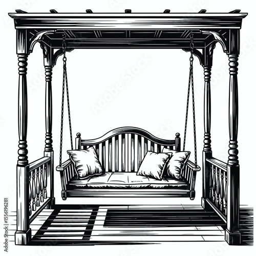 Victorian style porch swing with cushions and pergola overhead