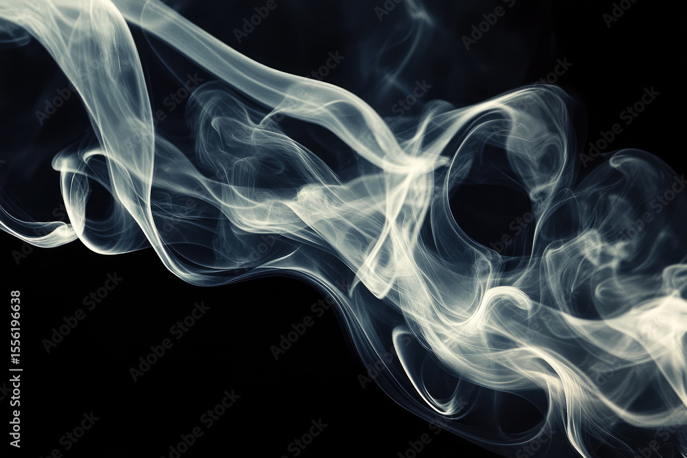 Obraz premium Abstract wisps of ethereal white smoke gracefully swirling and curling against a deep black background creating a dynamic and flowing pattern