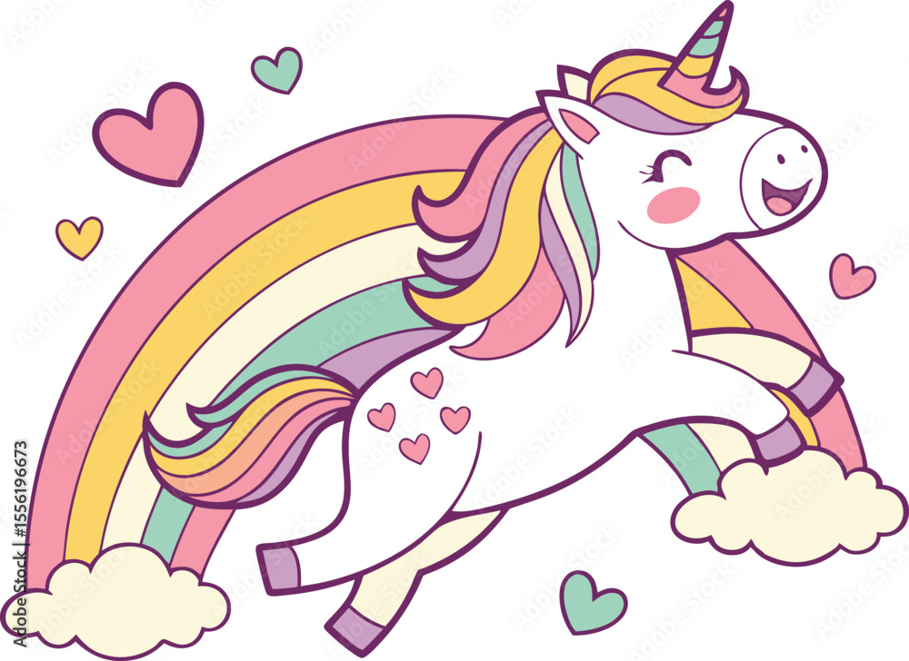 Happy unicorn jumping through clouds with hearts and pastel rainbow behind