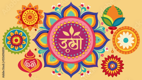 Vector art of a colorful mandala design with a central bengali text, surrounded by vibrant flowers and patterns, ideal for cultural celebrations
