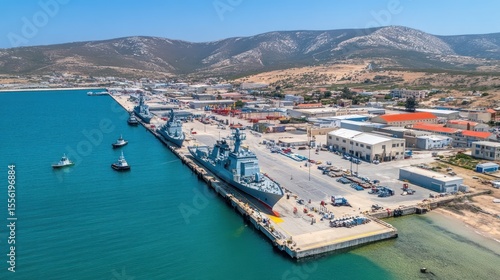 Coastal harbor with military ships docked.  Aerial view of naval vessels alongside a port.  Modern docks and facilities