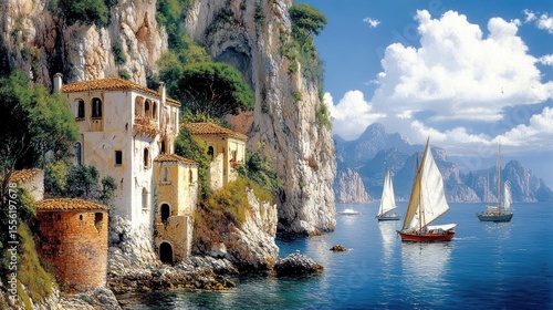 Coastal village nestled in rocky cliffs, with sailboats on the azure water