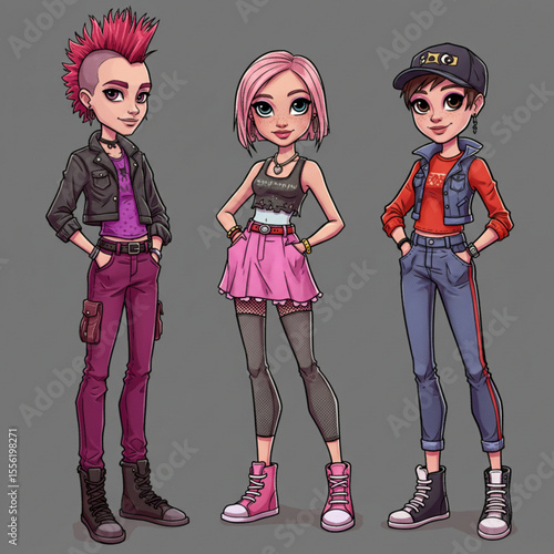 Cool alternative fashion characters in edgy outfits on a gray background