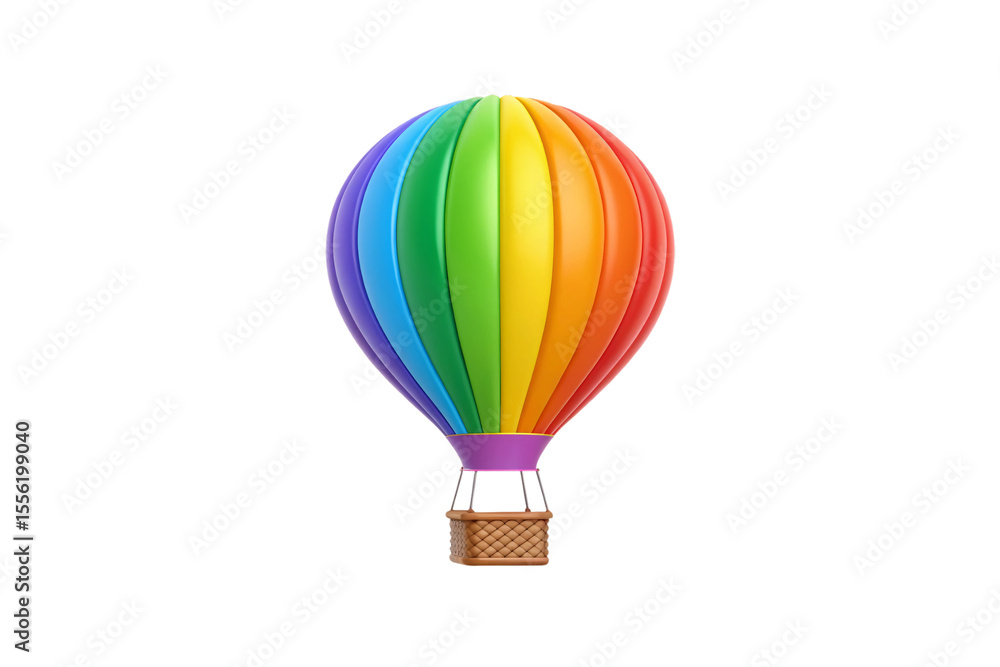 Fototapeta premium Vibrant rainbow striped hot air balloon with wicker basket and ropes in classic design, isolated on a transparent background
