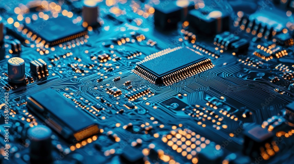 A close-up of a circuit board with electronic components and a central processor unit (CPU) in the center. A close-up of a circuit board with electronic components and a central processor unit (CPU) in the center.
