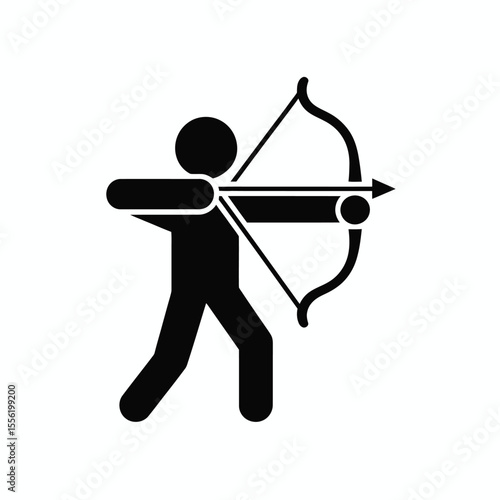 Black silhouette of a person aiming a bow and arrow on a white background