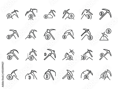 Bundle of Bitcoin Mining Icons with Pickaxe – Silhouettes Style on White Background for Cryptocurrency and Blockchain Visual Concepts