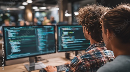 Collaborative Coding in a Modern Office Environment: Two Developers Focused on Dual Monitors Displaying Code
