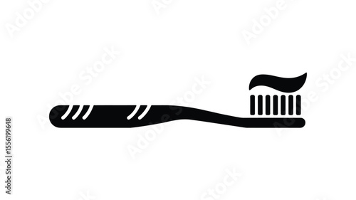 Black silhouette of a toothbrush with toothpaste on the bristles against a white background