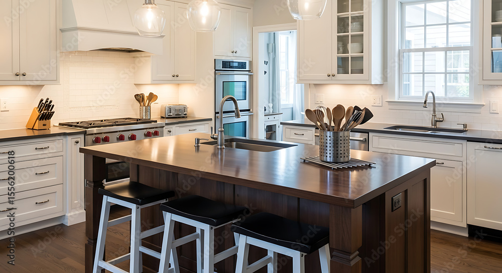 Fototapeta premium Modern architecture and interior design define this luxury dining room, featuring empty chairs and tables