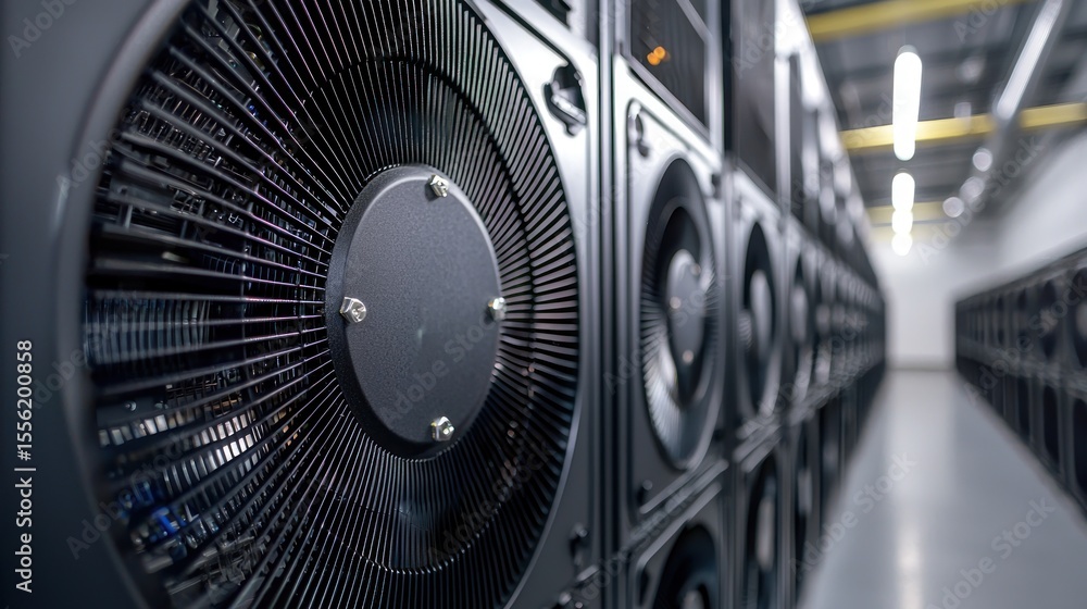 Fototapeta premium A large, industrial data center with rows of servers and cooling equipment.