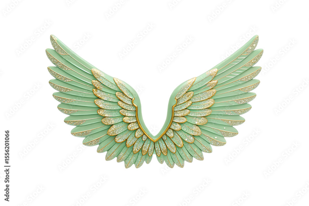 Obraz premium Stylized mint green wings with sparkly gold highlights arranged in connected wing formation, isolated on a transparent background