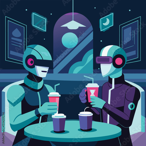 Avatars in futuristic outfits sipping virtual lattes with holographic menus, inside a low-poly styled digital caf?..eps