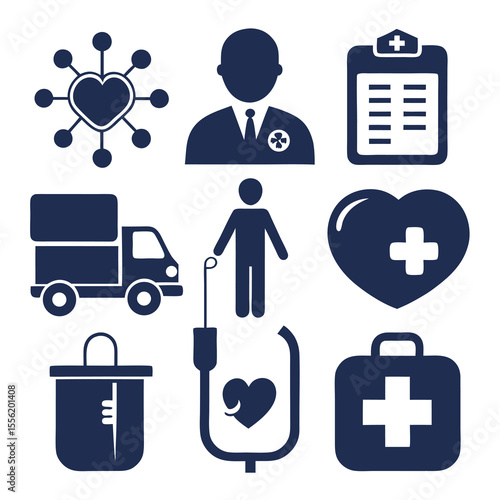 Healthcare and Medical Services Icon Set: Doctor, Patient, Delivery, and First Aid isolated on white background
