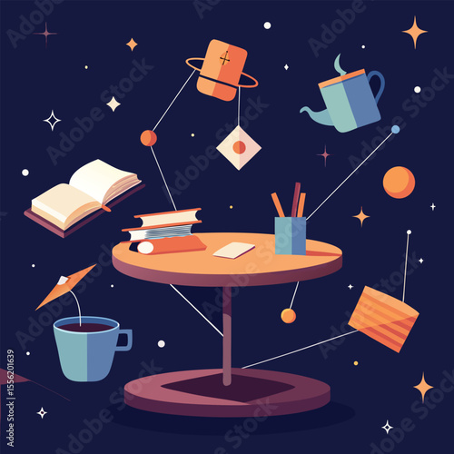 A floating desk with books unraveling into constellations, glowing pencils, and levitating coffee mugs, in warm evening tones.eps