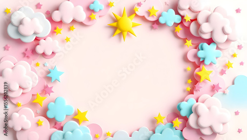 Dreamy Cloudscape: Soft, pastel-colored clouds, radiant stars, and a cheerful sun frame a delicate, empty space, exuding warmth and gentleness.