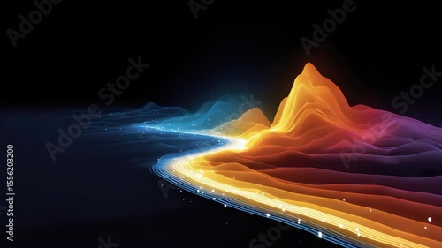 Abstract Digital Art Landscape Featuring Colorful Glowing Wave, Vibrant Orange, Blue, and Yellow Light Trails Forming Futuristic Mountain Shapes with Dynamic Energy Flow and Neon Lines