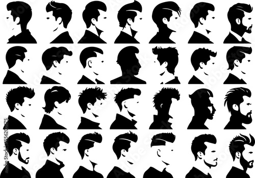 Man Hairstyle Silhouette Vector Art, Modern Male Hair Silhouette Vector, Stylish Man Haircut Silhouette Design, Vector Art of Men’s Hair Silhouettes, Short Hair Male Silhouette Vector, Classic Haircut